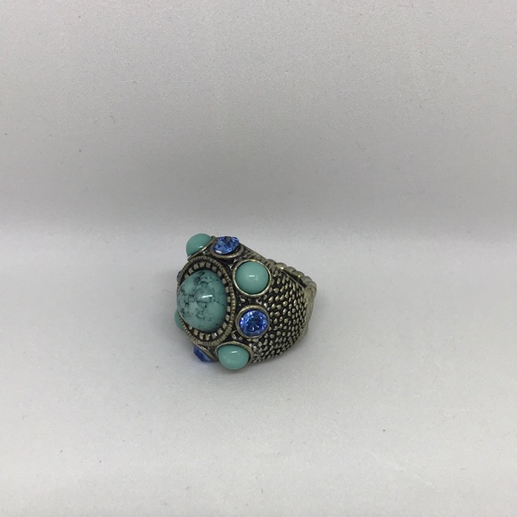 Native American Tribal Turquoise & Rhinestone Boho Elastic Ring - Picture 2 of 4